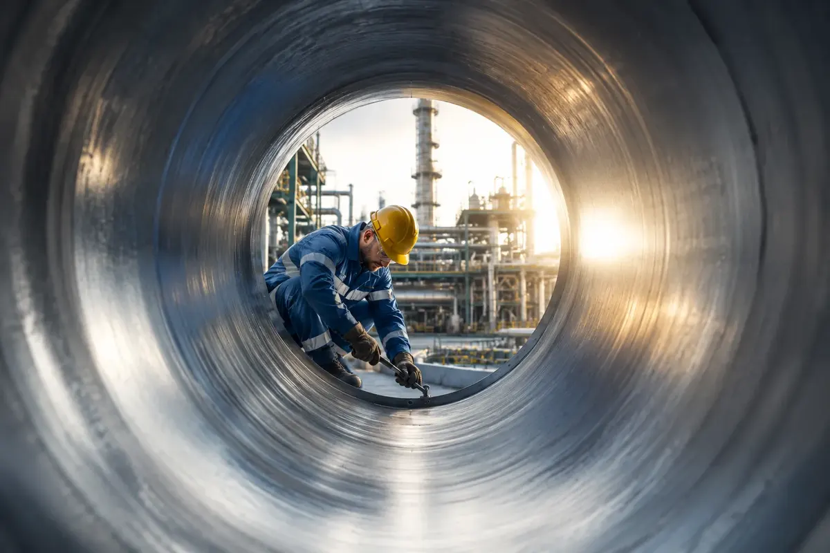 Brandposten überwacht Heißarbeiten an einer Rohrleitung in einer Industrieanlage
