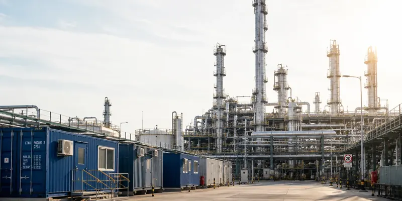 Chemiepark mit Kolonnen und Rohrleitungen, Umfeld für Brandposten bei Heißarbeiten