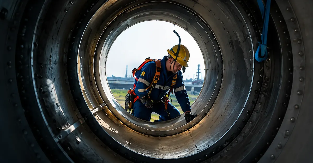 Sicherungsposten mit Rettungsausrüstung am Mannloch während einer Behälterbefahrung